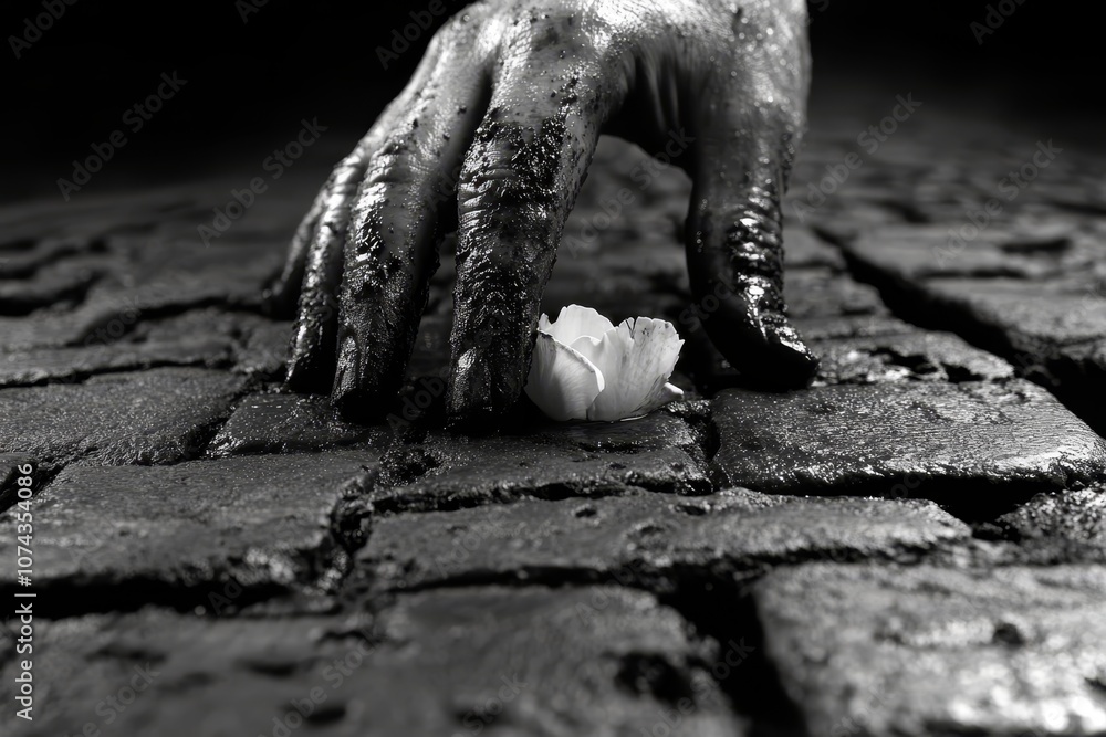 A person's hand reaching for a white flower on a brick floor A person's hand reaching for a white flower on a brick floor
