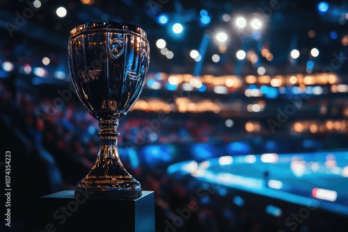 A Shiny Silver Trophy Stands on a Stage with a Blurred Audience Behind It