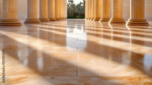 A long row of columns in a building with sunlight shining through them photo