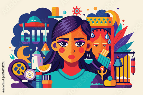 This artwork features a woman with expressive emotions, integrating symbols of guilt and introspection, Guilty Art that can be customized and is out of proportion.