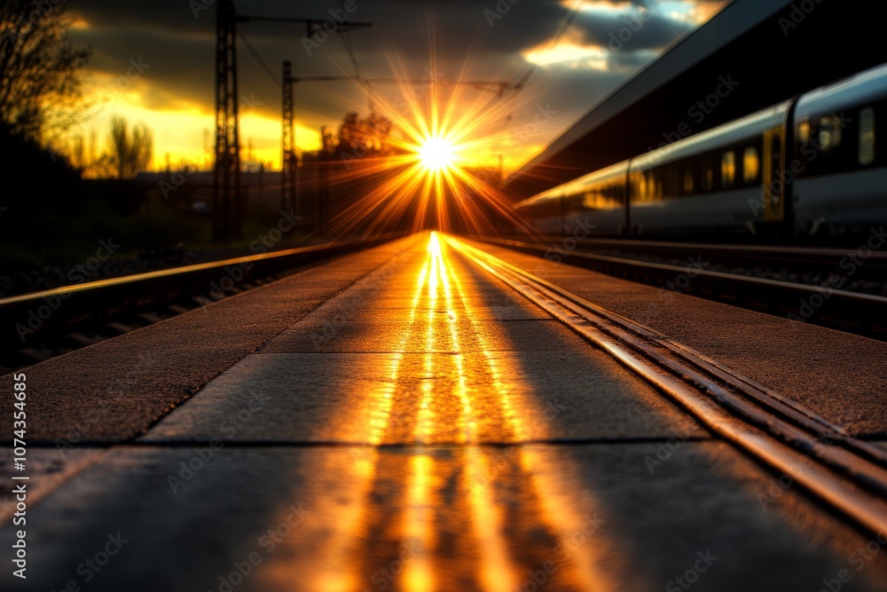 A train traveling down train tracks at sunset A train traveling down train tracks at sunset