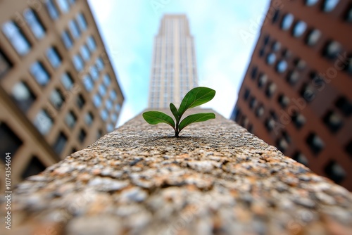 A small plant growing out of a crack in a concrete wall photo