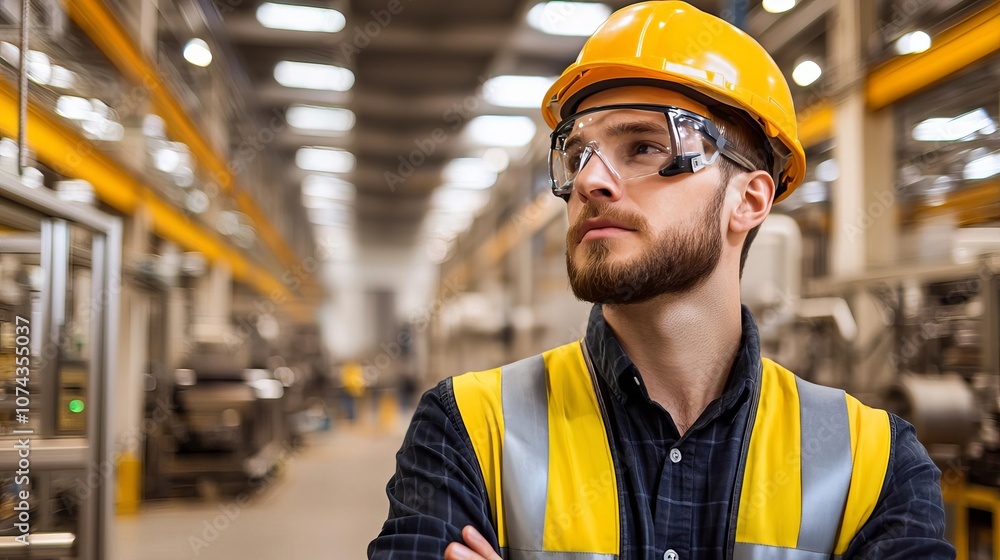 A young male worker in a yellow hardhat and safety glasses stands on the factory floor, arms crossed, looking thoughtfully ahead A young male worker in a yellow hardhat and safety glasses stands on the factory floor, arms crossed, looking thoughtfully ahead