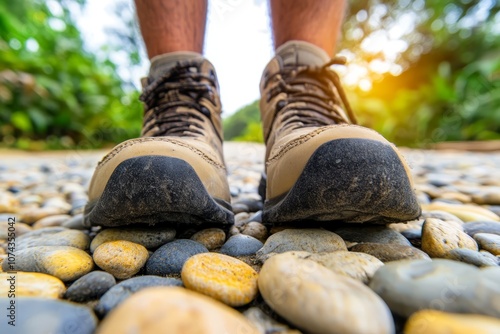 A person standing on a rocky path with their feet on the ground