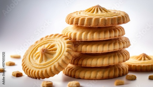 "Delicious Danish Butter Cookies Stacked Perfectly on White Background"