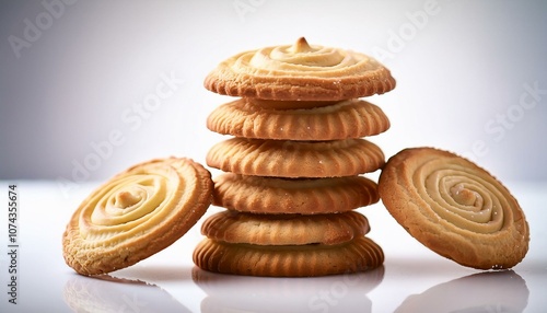 "Delicious Danish Butter Cookies Stacked Perfectly on White Background"