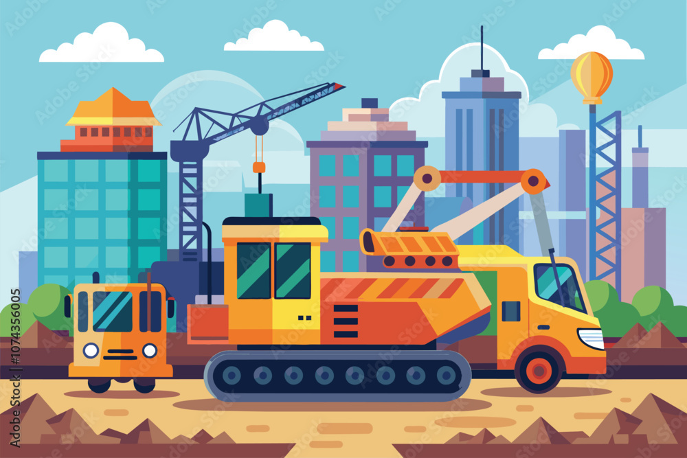 Heavy machinery sits idle on a construction site in Florida, surrounded by tall buildings and cranes, Heavy equipment parked at a construction site, flat illustration. Heavy machinery sits idle on a construction site in Florida, surrounded by tall buildings and cranes, Heavy equipment parked at a construction site, flat illustration.