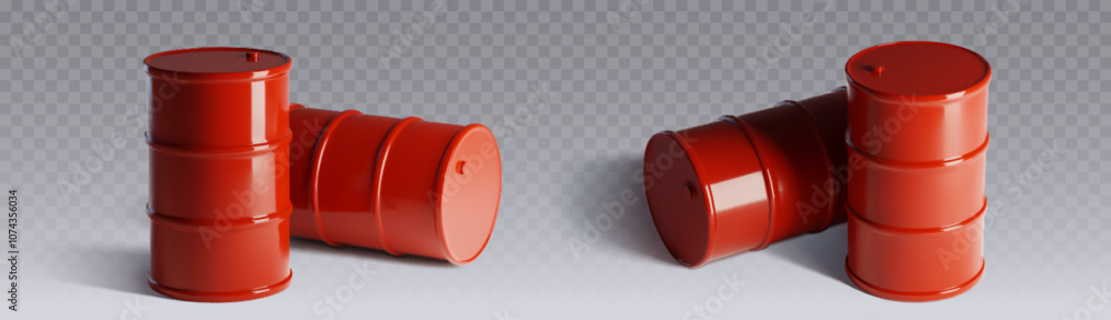 Oil barrels set isolated on transparent background. Vector realistic illustration of red drums standing and lying on side, steel container for storage of chemicals, fuel, gas, industrial packaging Oil barrels set isolated on transparent background. Vector realistic illustration of red drums standing and lying on side, steel container for storage of chemicals, fuel, gas, industrial packaging