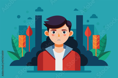 A young boy with a serious look is central in a vibrant forest landscape featuring colorful trees and clouds, Hidden customizable illustration with disproportionate person.