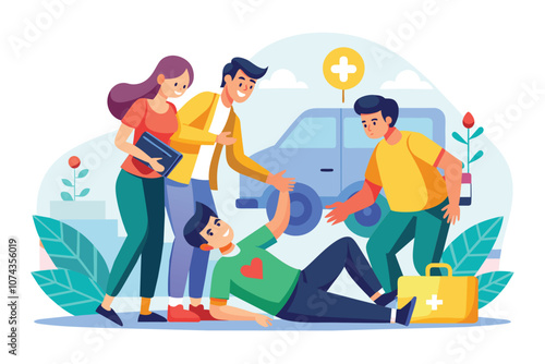 People offer support to an injured individual at a roadside accident, providing first aid and assistance, Helping accident victims with a flat illustration.