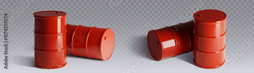 Oil barrels set isolated on transparent background. Vector realistic illustration of red drums standing and lying on side, steel container for storage of chemicals, fuel, gas, industrial packaging