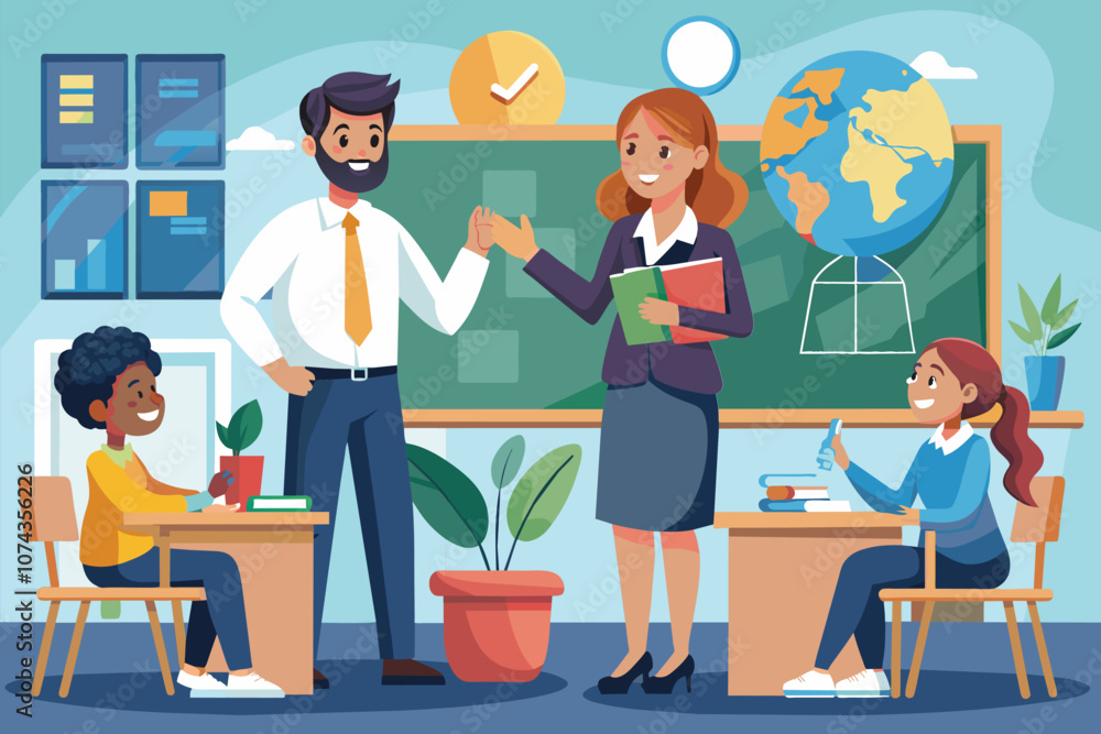 A history teacher engages with students during a lesson, showcasing flat illustrations on a chalkboard, History teacher presents flat illustrations in class. A history teacher engages with students during a lesson, showcasing flat illustrations on a chalkboard, History teacher presents flat illustrations in class.