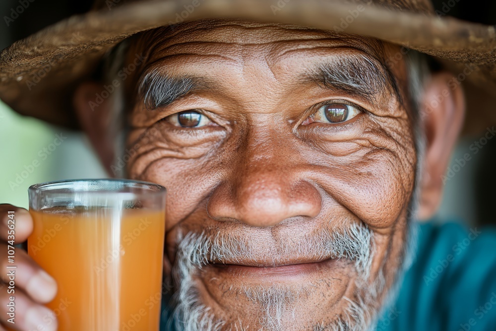A man in a straw hat holding a glass of orange juice A man in a straw hat holding a glass of orange juice