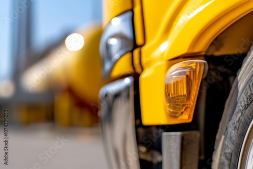 A close up of a yellow semi truck parked in a parking lot