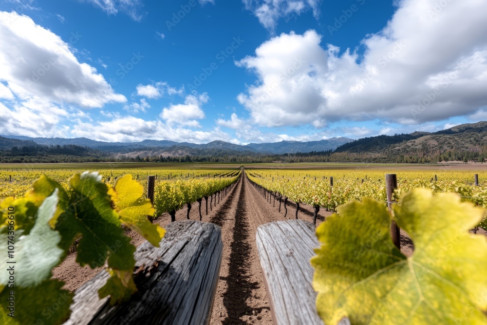 Fototapeta premium A vineyard with a wooden fence in the foreground and mountains in the background