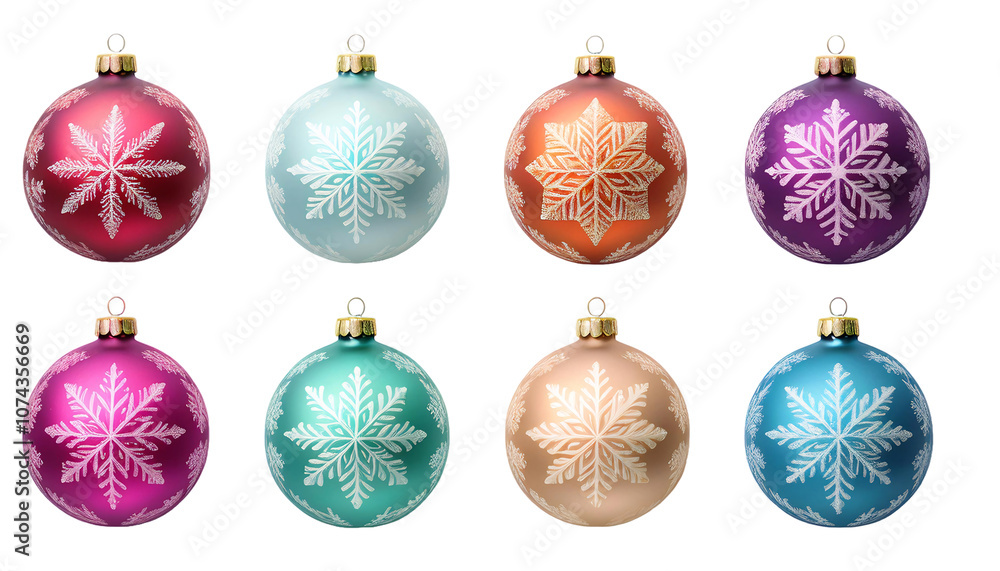 A set of 8 colorful of Christmas baubles with snowflake pattern PNG transparent background for Christmas decoration. A set of 8 colorful of Christmas baubles with snowflake pattern PNG transparent background for Christmas decoration.