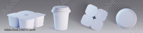 Plastic yogurt container mockup set. Sour cream package with lid top view isolate on transparent background. Circle pot for dairy dessert product with cover. Blank yougurt packaging mock up template