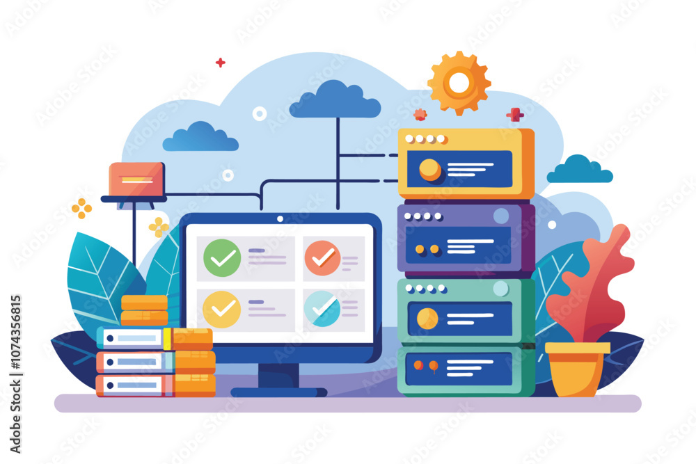 A computer displaying server information amidst a vibrant tech setting with clouds, Hosting website, flat illustration. A computer displaying server information amidst a vibrant tech setting with clouds, Hosting website, flat illustration.