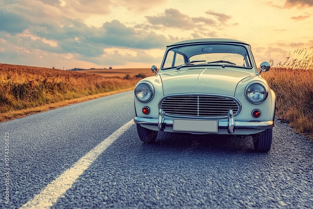 Fototapeta premium Vintage Car on Open Road at Sunset: Classic Automobile Photography
