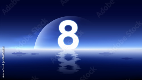 Futuristic Number Eight Above a Calm Ocean–Ideal for Milestone Celebrations and Launches