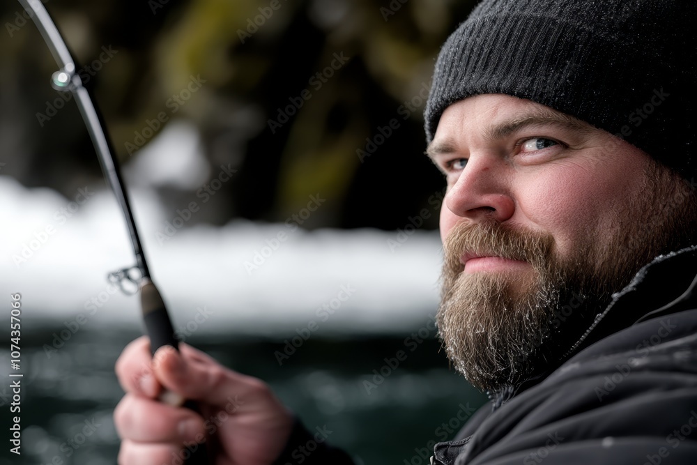 A man with a beard holding a fishing rod A man with a beard holding a fishing rod