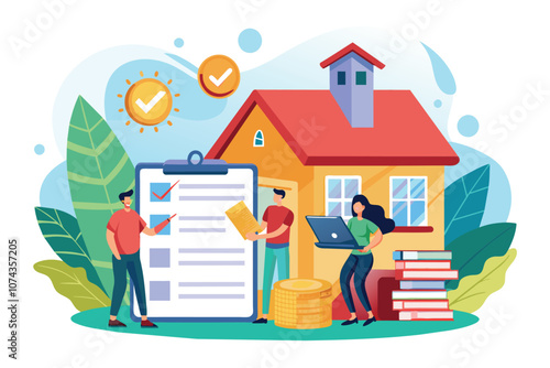 A house sale contract is actively reviewed by buyers and sellers as they finalize the transaction, House sale contract in demand, flat illustration