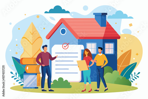 A couple discusses a house sale contract with an agent in a vibrant outdoor setting, House sale contract in trend, flat illustration.