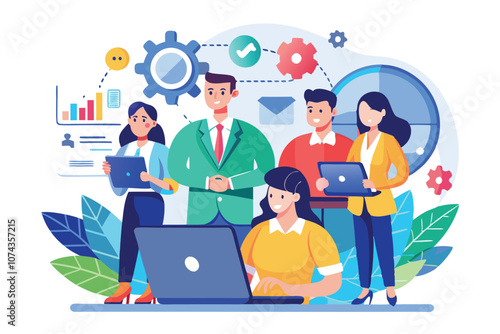 A diverse HR team is discussing strategies for outsourcing employees to enhance productivity and growth, HR team seeking to outsource employees, depicted in a flat illustration.
