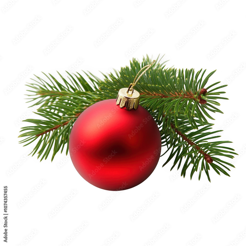 Festive Red Christmas Ornament on Evergreen Tree Branch Festive Red Christmas Ornament on Evergreen Tree Branch