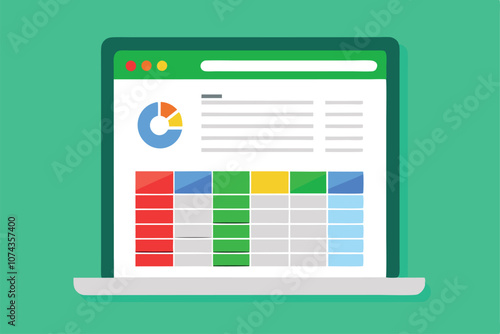 A laptop displays a data analysis dashboard with colorful charts and organized tables for insights, Customizable cartoon illustrations for spreadsheets.