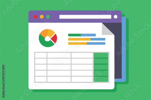 A colorful spreadsheet shows data visualization tools including a pie chart and table for analysis purposes, Customizable cartoon illustrations for spreadsheets.