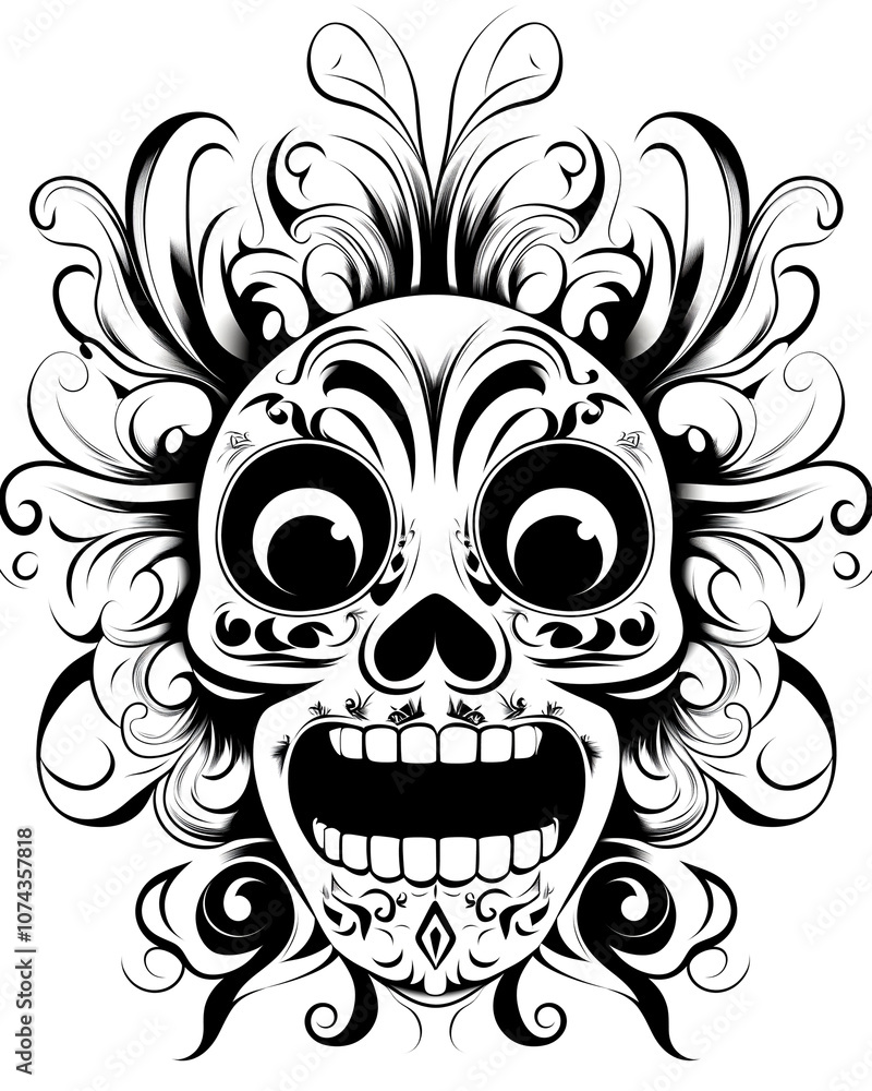 A skull with a big smile on its face. The skull is decorated with flowers and has a big smile on its face A skull with a big smile on its face. The skull is decorated with flowers and has a big smile on its face
