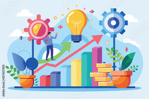 A person stands beside increasing graphs and gears, illustrating innovative business growth ideas and strategies, Idea for business growth with visual representation.