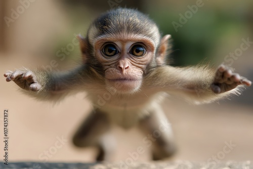 A small monkey standing on its hind legs with its arms outstretched