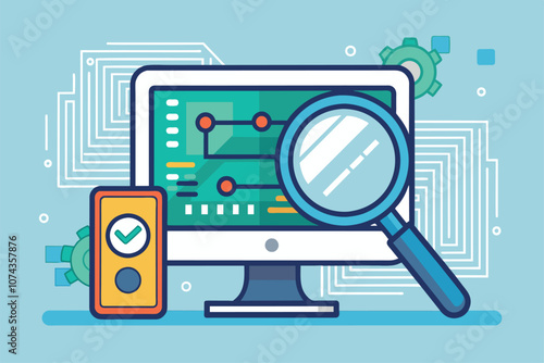 A team is actively identifying mistakes in a software and hardware simulation using various tools, Identifying mistakes in software and hardware, simple illustration.