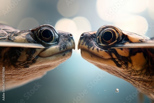 A couple of turtles that are looking at each other