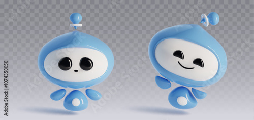 3D chatbot mascots set isolated on transparent background. Vector realistic illustration of cute robot character with blue body and happy smiling face, ai assistant, computer bot, future technology