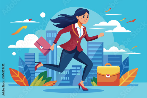 A businesswoman hurries through a vibrant city, holding a briefcase, ready for her next meeting, Illustration of a businesswoman in action