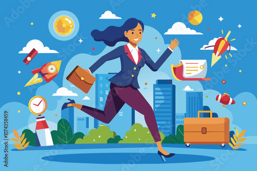 A businesswoman efficiently hurries through a vibrant city, carrying her briefcase and focused on her tasks, Illustration of a businesswoman in action