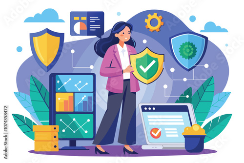 A businesswoman stands confidently, holding shields while protecting data in a contemporary workspace, Illustration of a businesswoman safeguarding data