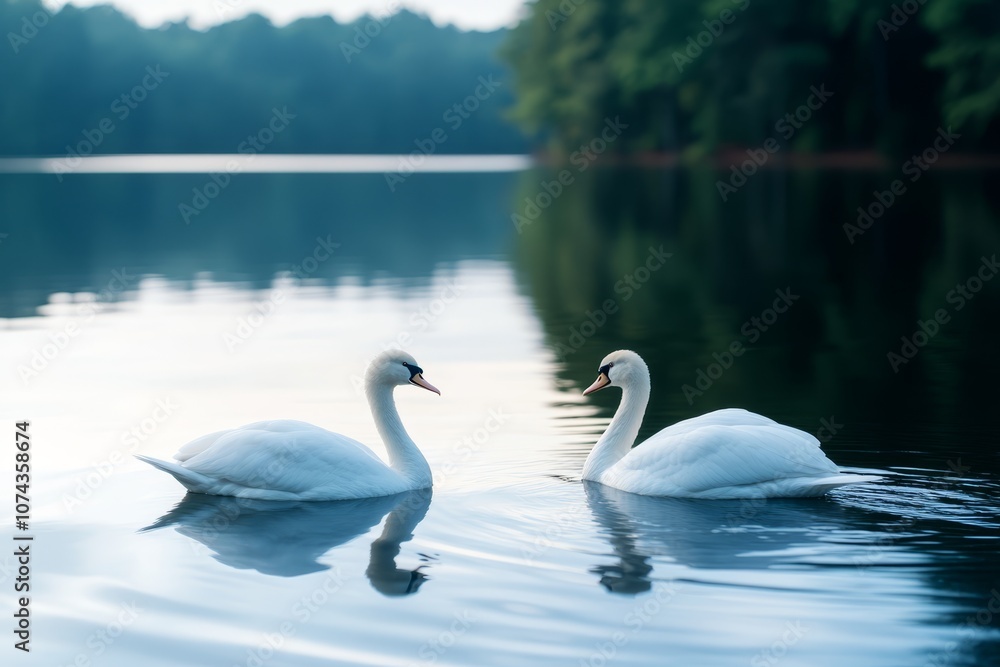 Fototapeta premium A couple of white swans floating on top of a lake