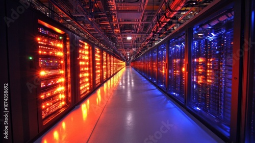 Wide Angle View of a Modern Datacenter Aisle