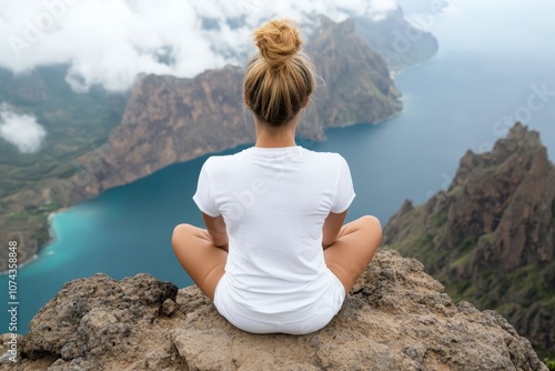 A woman sitting on top of a mountain overlooking a body of water photo