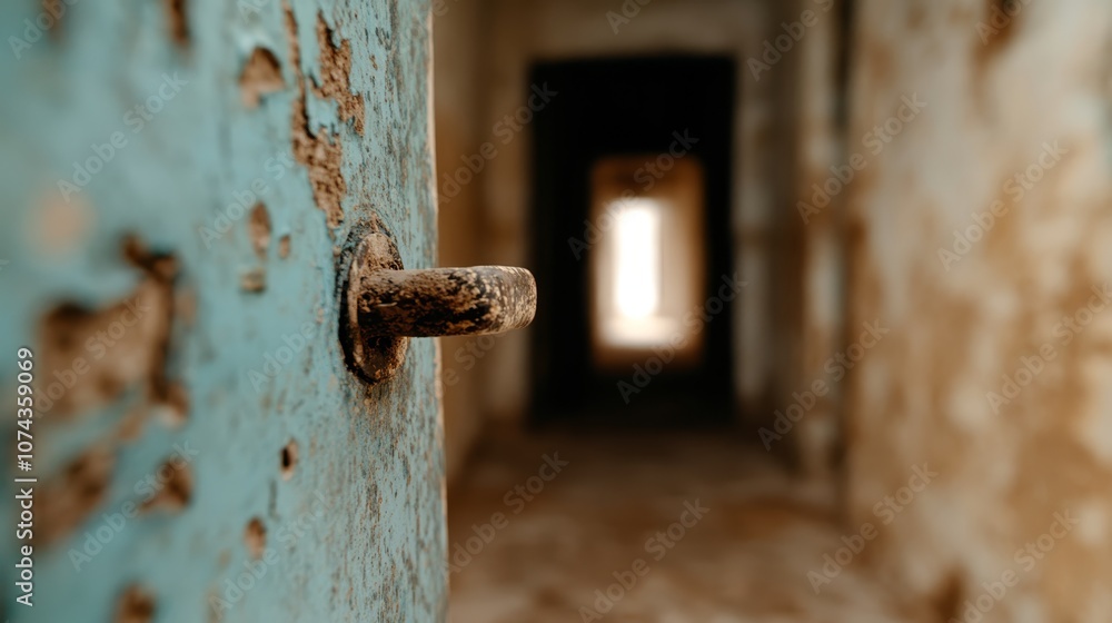 A door handle on a blue door in an abandoned building A door handle on a blue door in an abandoned building