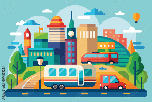 cityscape with colorful buildings and vehicles clip art preview