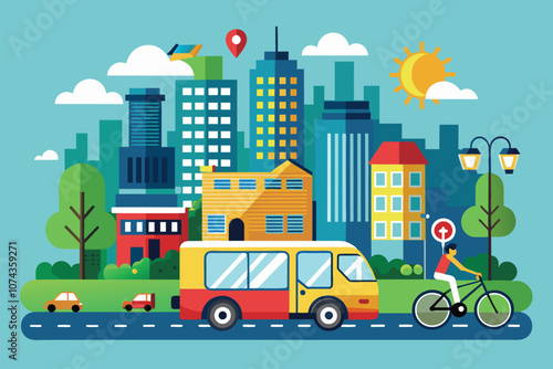 The illustration showcases a vibrant cityscape with cyclists, cars, and a bus in transit amid tall buildings, Illustration of a flat after commuting.