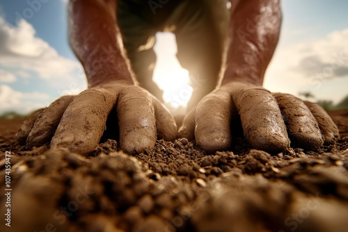  A man's hands in the dirt with the sun setting behind them photo