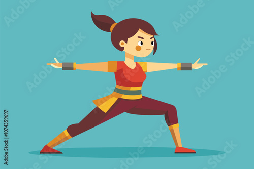 A girl confidently demonstrates the warrior pose in a colorful setting, showcasing her strength, Illustration of a girl in warrior pose, with one arm forward and the other back, flat design.