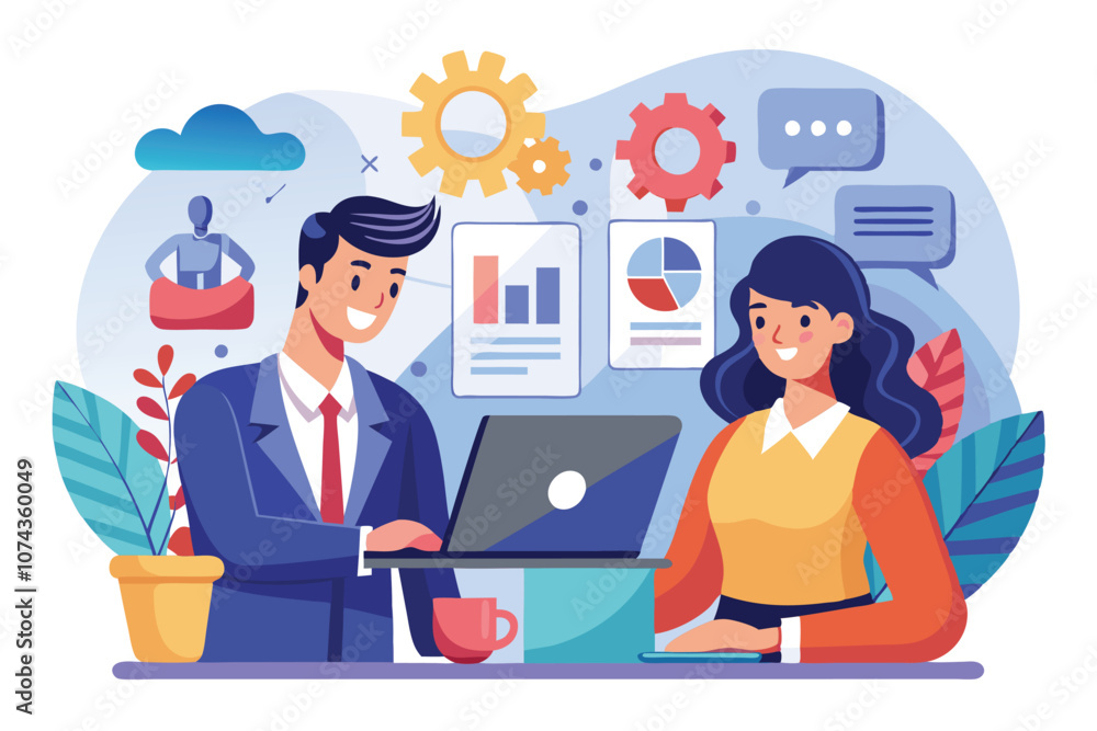 A man and woman work together on a laptop, sharing ideas in a vibrant office setting, Illustration of a man and woman working together in business. A man and woman work together on a laptop, sharing ideas in a vibrant office setting, Illustration of a man and woman working together in business.