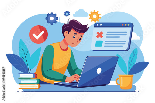 A man is focused on his laptop, trying to resolve a web issue while surrounded by books and a coffee mug, Illustration of a man using a laptop to fix a web error.